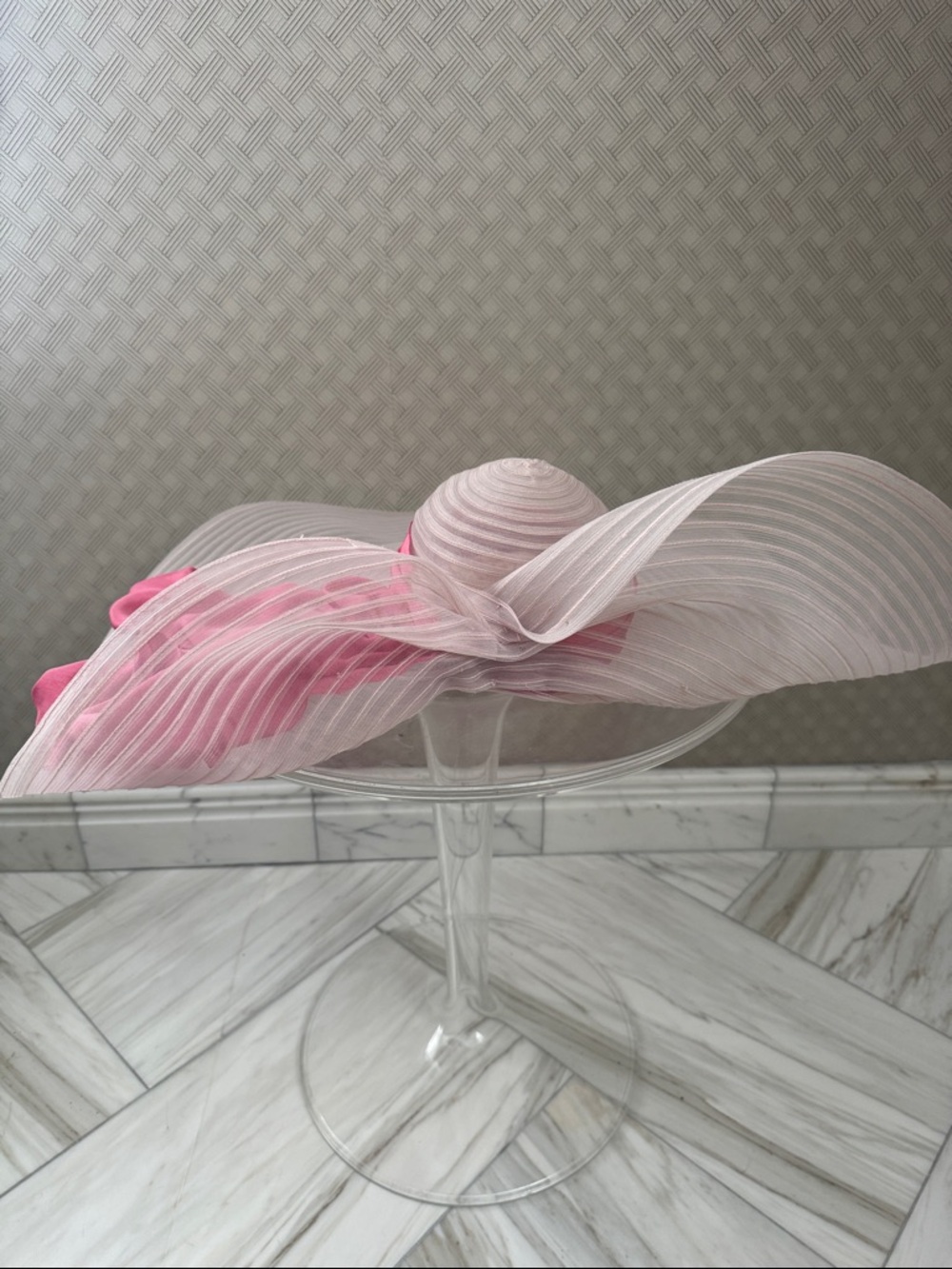 Louis Green Wide Brim Derby Statement  Flowy pink Hat with ribbon